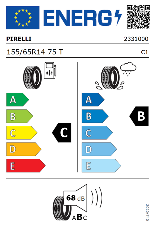 Tyre Label for Pirelli Cinturato P1 155/65R14 75T